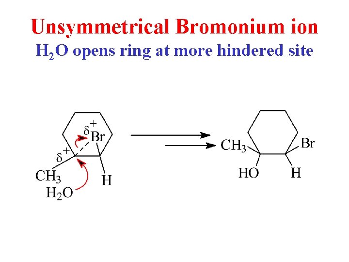 Unsymmetrical Bromonium ion H 2 O opens ring at more hindered site 