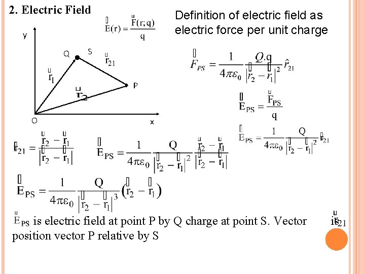 2. Electric Field Definition of electric field as electric force per unit charge y