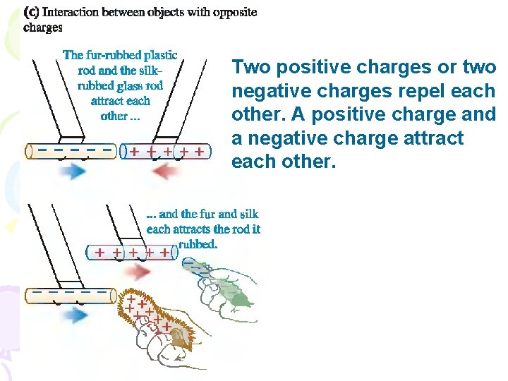 Two positive charges or two negative charges repel each other. A positive charge and