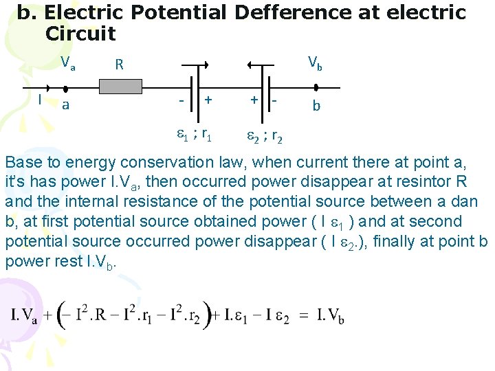 b. Electric Potential Defference at electric Circuit Va I a Vb R - +