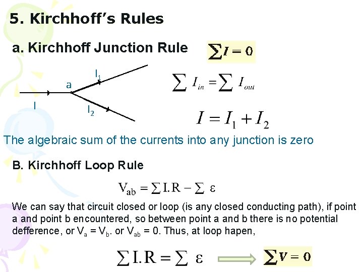 5. Kirchhoff’s Rules a. Kirchhoff Junction Rule I 1 a I I 2 The