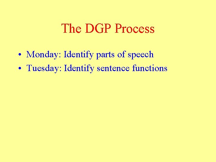 The DGP Process • Monday: Identify parts of speech • Tuesday: Identify sentence functions