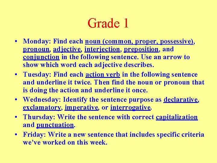 Grade 1 • Monday: Find each noun (common, proper, possessive), pronoun, adjective, interjection, preposition,