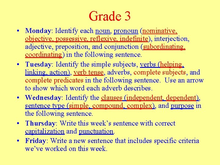 Grade 3 • Monday: Identify each noun, pronoun (nominative, objective, possessive, reflexive, indefinite), interjection,