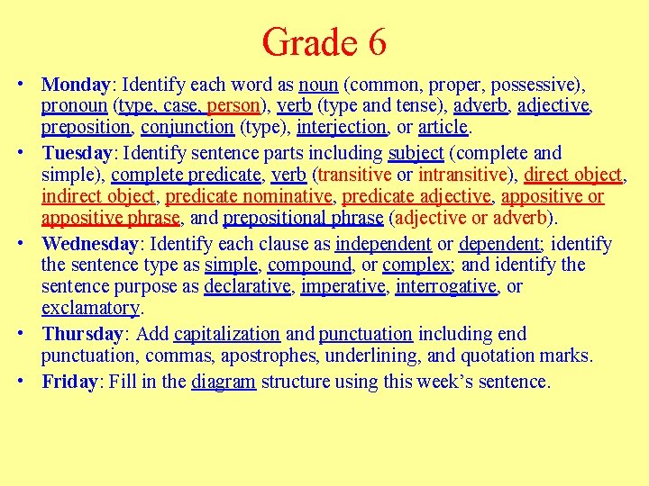 Grade 6 • Monday: Identify each word as noun (common, proper, possessive), pronoun (type,