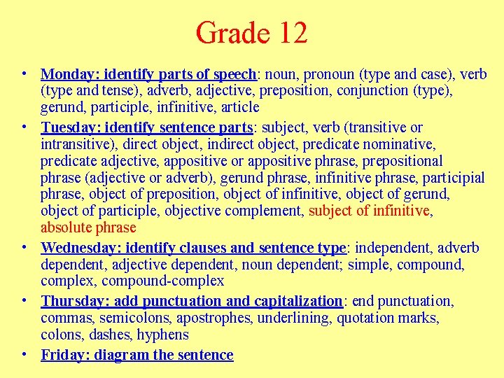 Grade 12 • Monday: identify parts of speech: noun, pronoun (type and case), verb