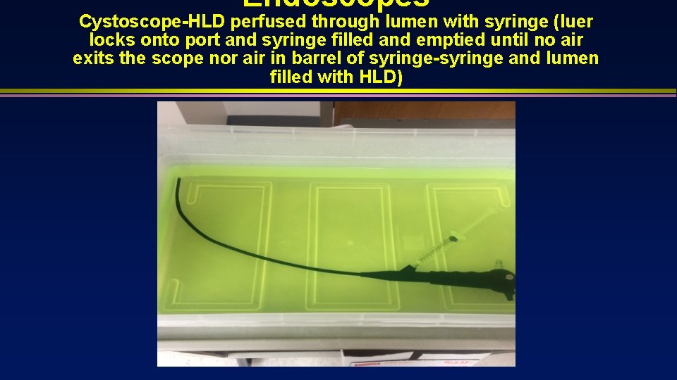 Endoscopes Cystoscope-HLD perfused through lumen with syringe (luer locks onto port and syringe filled