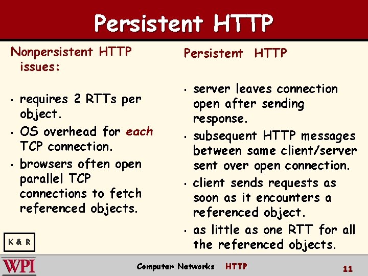 Persistent HTTP Nonpersistent HTTP issues: § § § Persistent HTTP requires 2 RTTs per