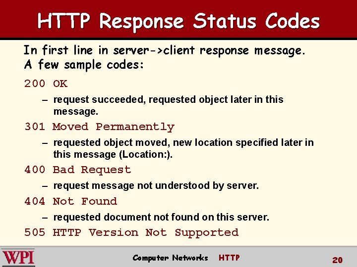 HTTP Response Status Codes In first line in server->client response message. A few sample