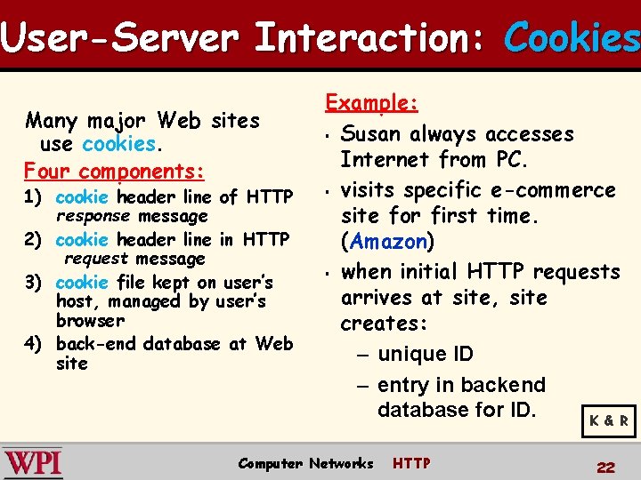 User-Server Interaction: Cookies Many major Web sites use cookies. Four components: 1) cookie header