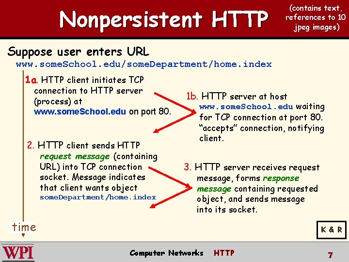Nonpersistent HTTP (contains text, references to 10 jpeg images) Suppose user enters URL www.