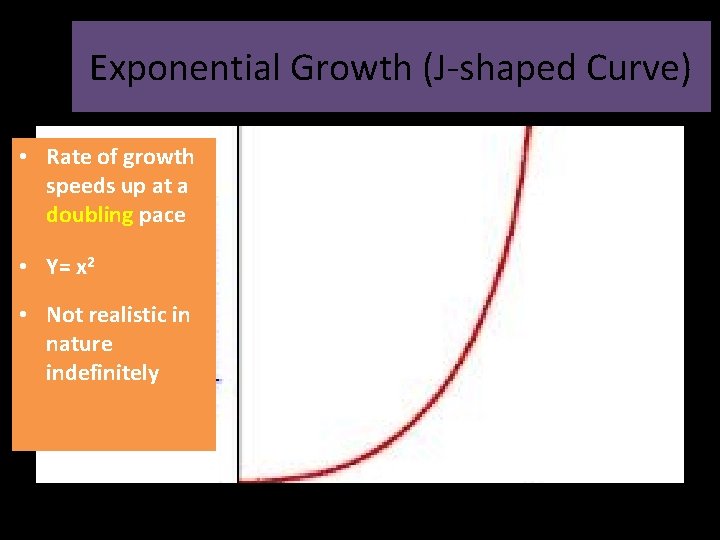 Exponential Growth (J-shaped Curve) • Rate of growth speeds up at a doubling pace