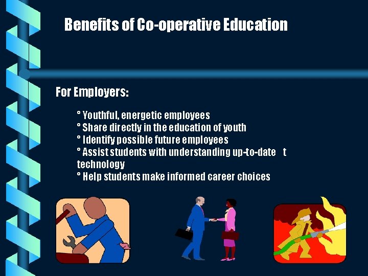 Benefits of Co-operative Education For Employers: ° Youthful, energetic employees ° Share directly in