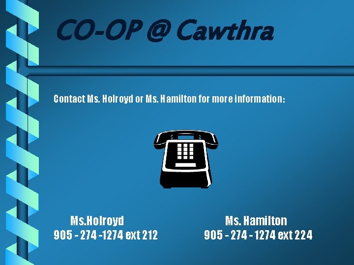 CO-OP @ Cawthra Contact Ms. Holroyd or Ms. Hamilton for more information: Ms. Holroyd