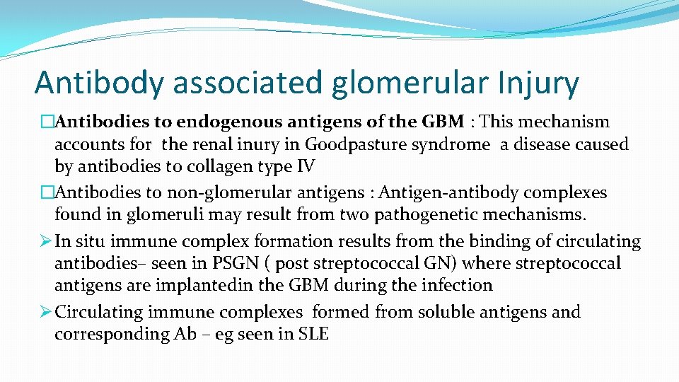 Antibody associated glomerular Injury �Antibodies to endogenous antigens of the GBM : This mechanism