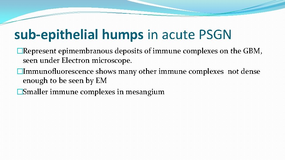 sub-epithelial humps in acute PSGN �Represent epimembranous deposits of immune complexes on the GBM,