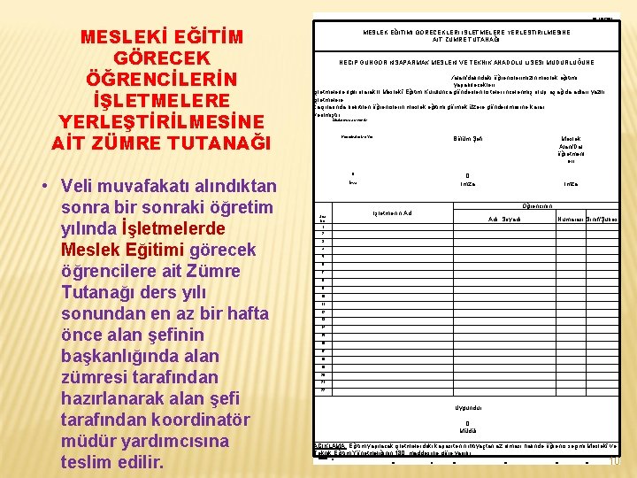 İME-YERLEŞTİRME MESLEKİ EĞİTİM GÖRECEK ÖĞRENCİLERİN İŞLETMELERE YERLEŞTİRİLMESİNE AİT ZÜMRE TUTANAĞI MESLEK EĞİTİMİ GÖRECEKLERİ İŞLETMELERE
