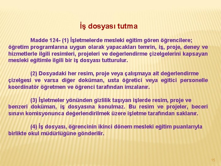 İş dosyası tutma Madde 124 - (1) İşletmelerde mesleki eğitim gören öğrencilere; öğretim programlarına