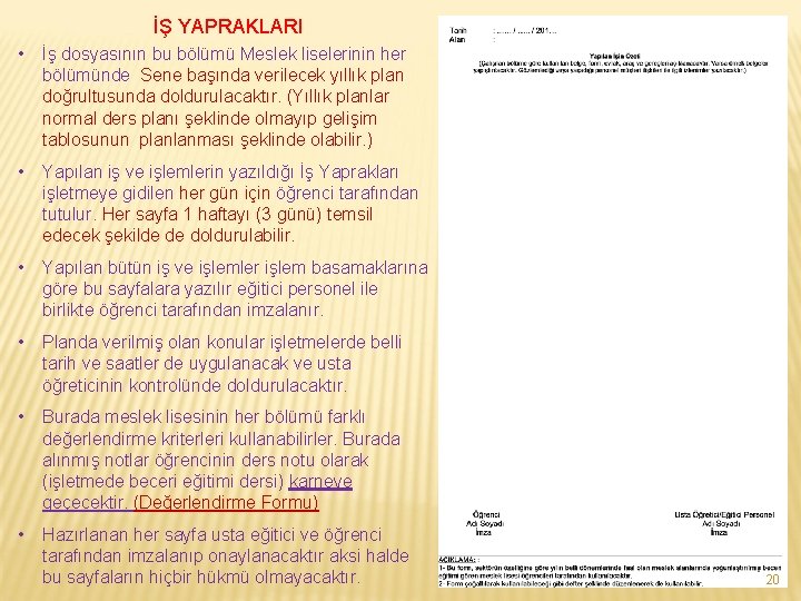 İŞ YAPRAKLARI • İş dosyasının bu bölümü Meslek liselerinin her bölümünde Sene başında verilecek
