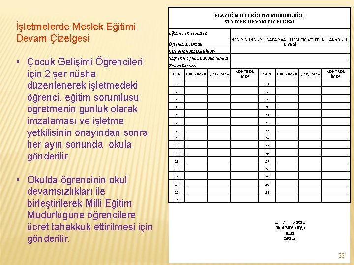 İşletmelerde Meslek Eğitimi Devam Çizelgesi • Çocuk Gelişimi Öğrencileri için 2 şer nüsha düzenlenerek