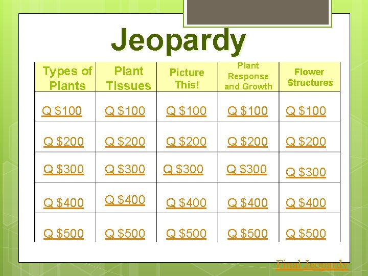 Jeopardy Picture This! Plant Response and Growth Q $100 Q $200 Q $200 Q