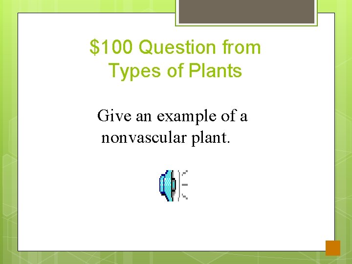 $100 Question from Types of Plants Give an example of a nonvascular plant. 