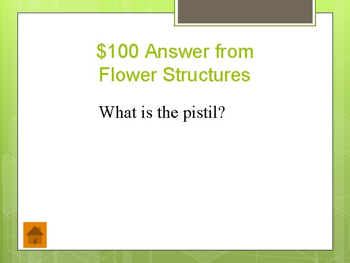 $100 Answer from Flower Structures What is the pistil? 