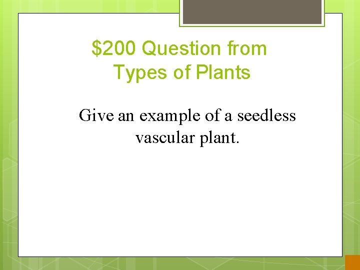 $200 Question from Types of Plants Give an example of a seedless vascular plant.