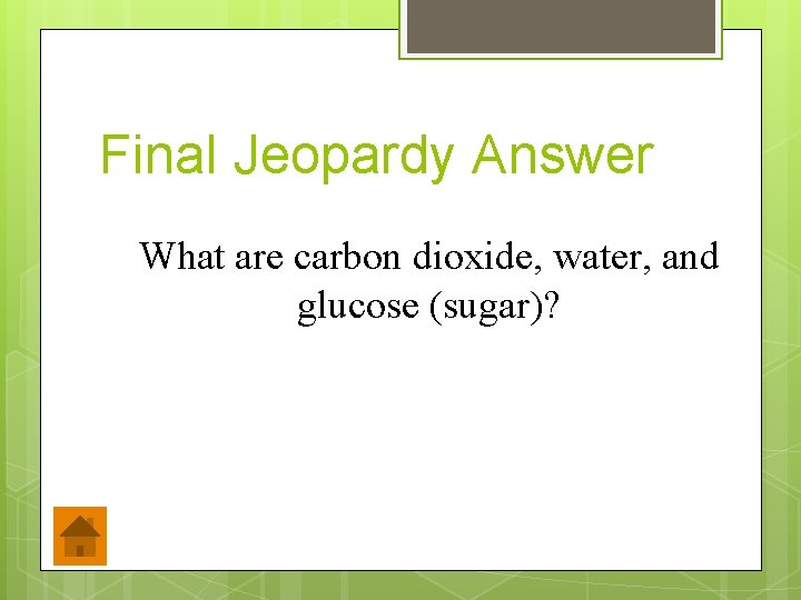 Final Jeopardy Answer What are carbon dioxide, water, and glucose (sugar)? 