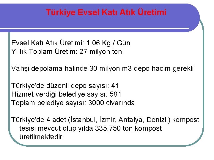 Türkiye Evsel Katı Atık Üretimi: 1, 06 Kg / Gün Yıllık Toplam Üretim: 27