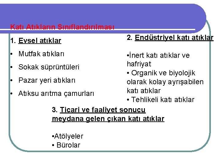 Katı Atıkların Sınıflandırılması 1. Evsel atıklar • Mutfak atıkları 2. Endüstriyel katı atıklar •