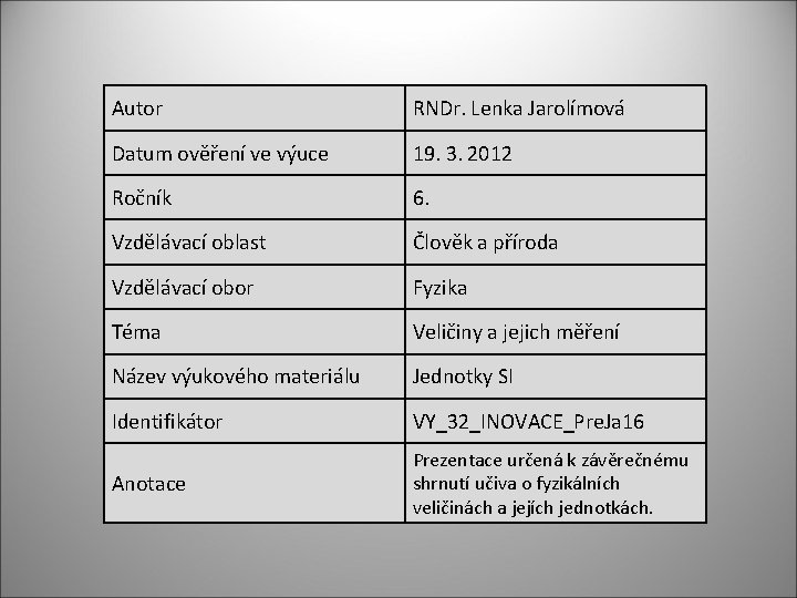 Autor RNDr. Lenka Jarolímová Datum ověření ve výuce 19. 3. 2012 Ročník 6. Vzdělávací