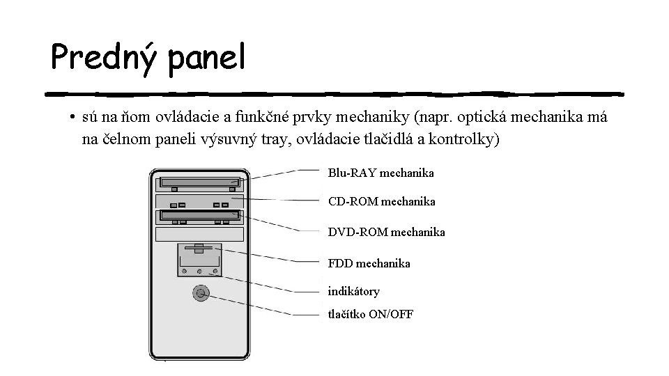 Predný panel • sú na ňom ovládacie a funkčné prvky mechaniky (napr. optická mechanika