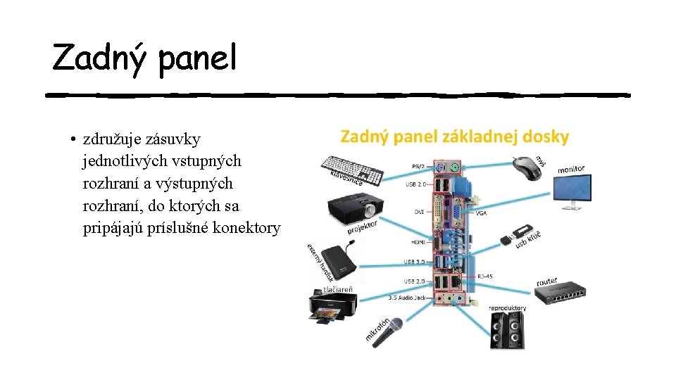 Zadný panel • združuje zásuvky jednotlivých vstupných rozhraní a výstupných rozhraní, do ktorých sa