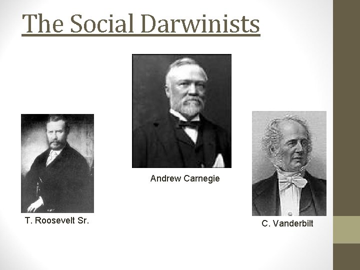 The Social Darwinists Andrew Carnegie T. Roosevelt Sr. C. Vanderbilt 