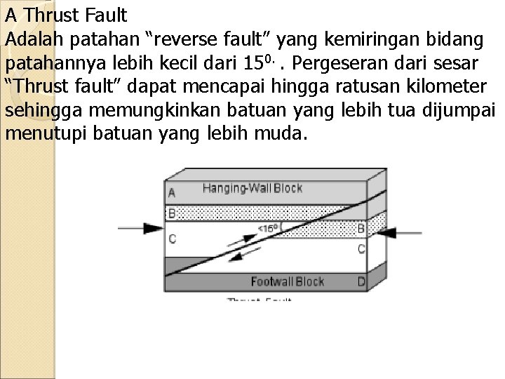 A Thrust Fault Adalah patahan “reverse fault” yang kemiringan bidang patahannya lebih kecil dari A Thrust Fault Adalah patahan “reverse fault” yang kemiringan bidang patahannya lebih kecil dari