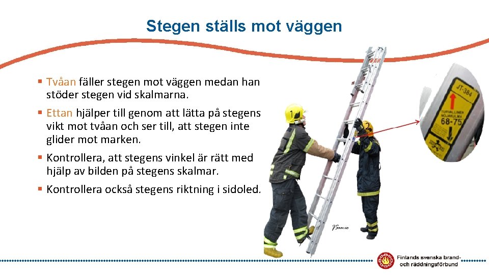 Stegen ställs mot väggen § Tvåan fäller stegen mot väggen medan han stöder stegen