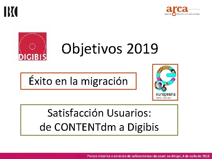 Objetivos 2019 Éxito en la migración Satisfacción Usuarios: de CONTENTdm a Digibis histórica e