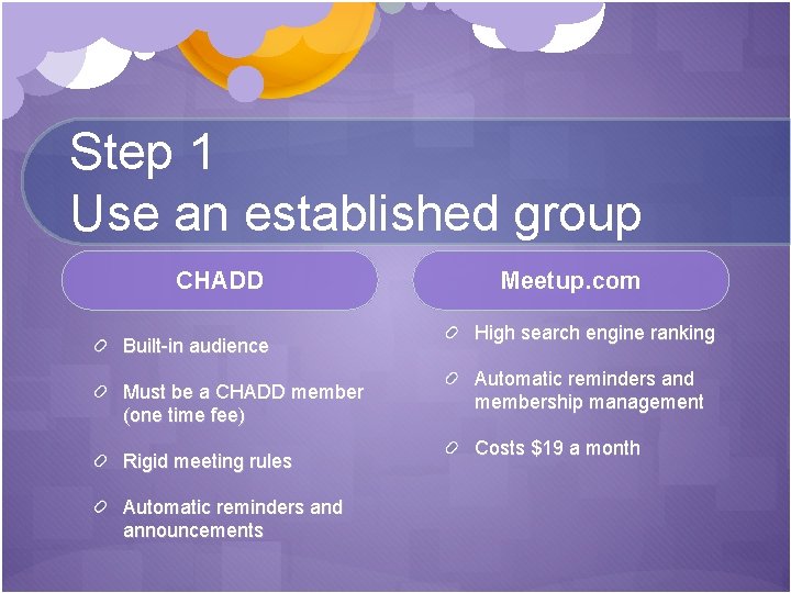 Step 1 Use an established group CHADD Built-in audience Must be a CHADD member