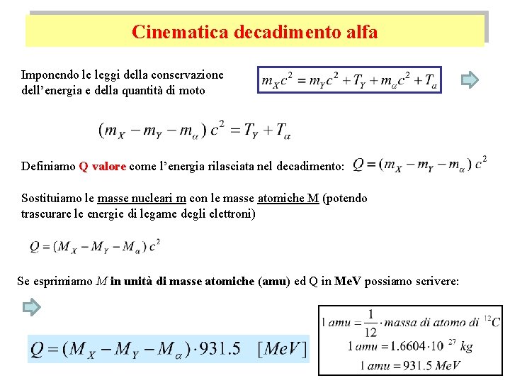 Cinematica decadimento alfa Imponendo le leggi della conservazione dell’energia e della quantità di moto