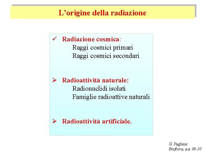 L’origine della radiazione ü Radiazione cosmica: Raggi cosmici primari Raggi cosmici secondari Ø Radioattività