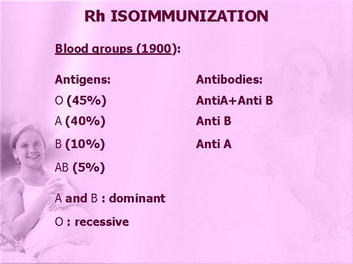 Rh ISOIMMUNIZATION Blood groups (1900): Antigens: Antibodies: O (45%) Anti. A+Anti B A (40%)