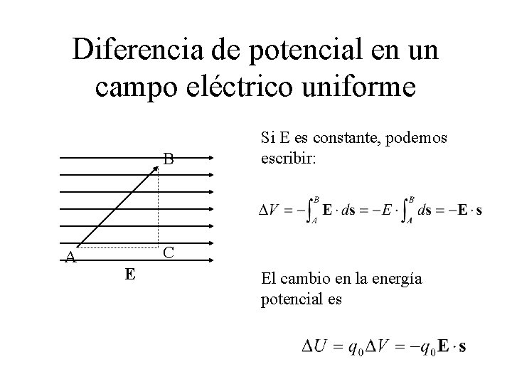 Diferencia de potencial en un campo eléctrico uniforme B A Si E es constante,