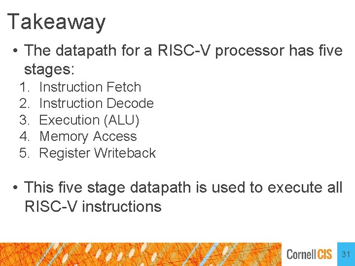 Takeaway • The datapath for a RISC-V processor has five stages: 1. 2. 3.