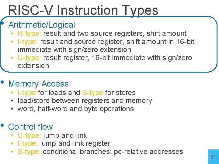 RISC-V Instruction Types • Arithmetic/Logical • R-type: result and two source registers, shift amount