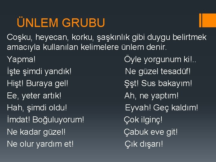 ÜNLEM GRUBU Coşku, heyecan, korku, şaşkınlık gibi duygu belirtmek amacıyla kullanılan kelimelere ünlem denir.