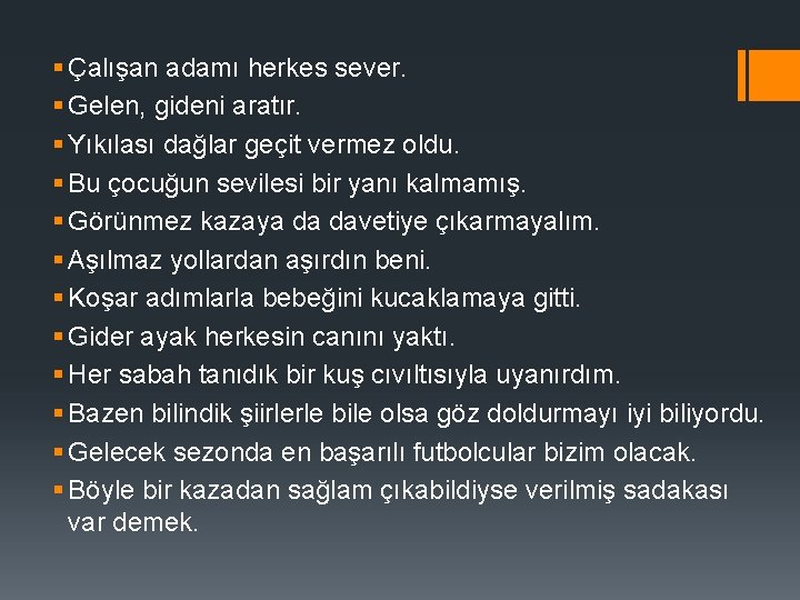 § Çalışan adamı herkes sever. § Gelen, gideni aratır. § Yıkılası dağlar geçit vermez