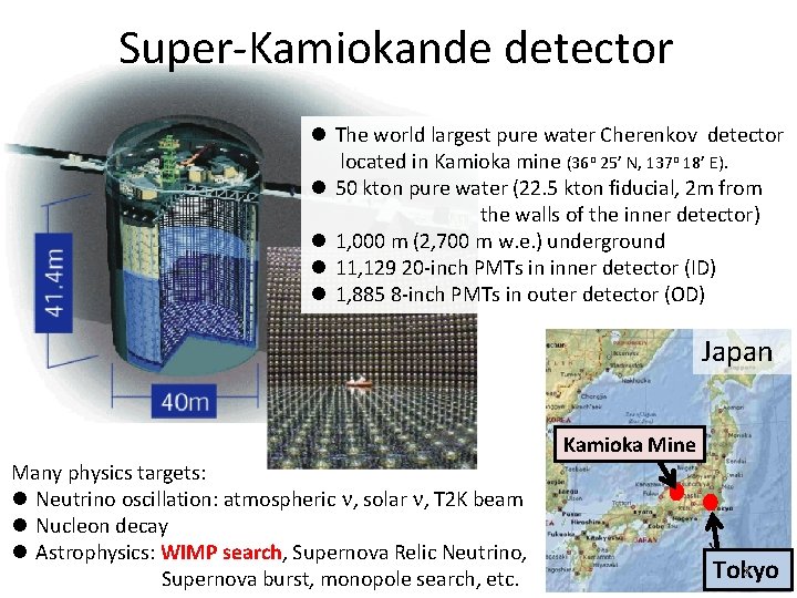 Super-Kamiokande detector l The world largest pure water Cherenkov detector located in Kamioka mine