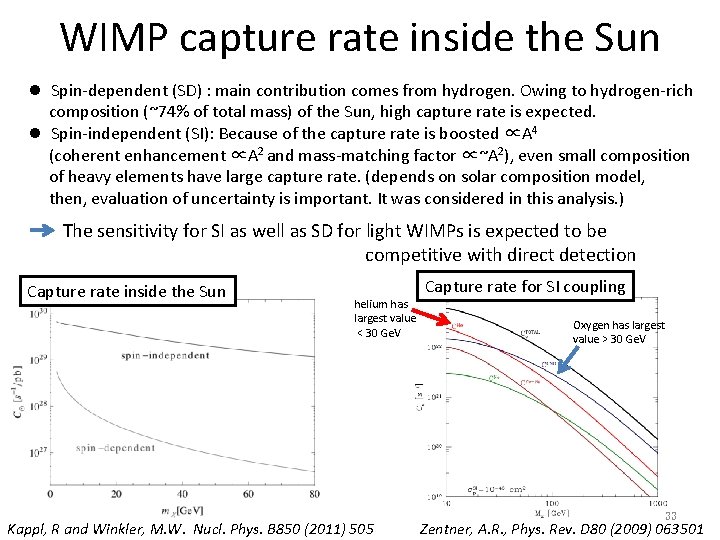 WIMP capture rate inside the Sun l Spin-dependent (SD) : main contribution comes from