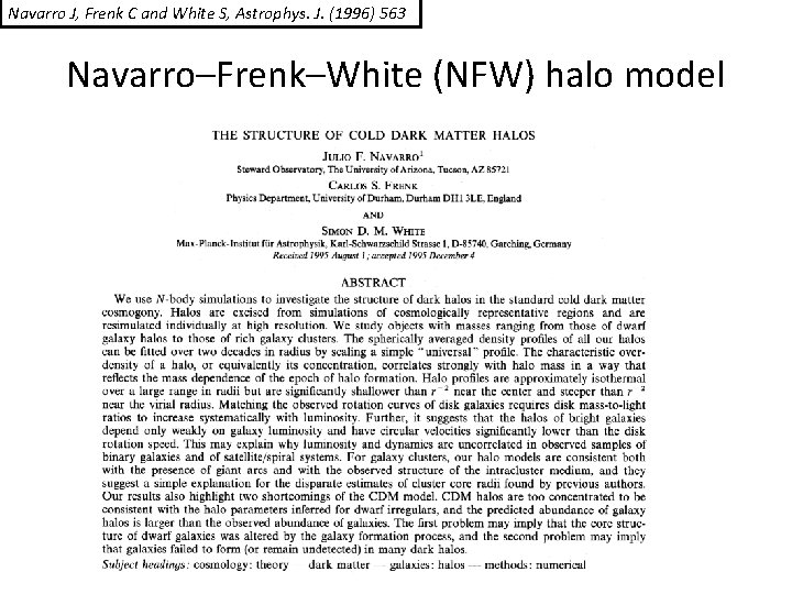 Navarro J, Frenk C and White S, Astrophys. J. (1996) 563 Navarro–Frenk–White (NFW) halo